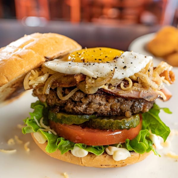 Wyld Pines Bar & Restaurant's American burger with a fried egg, bacon, caramelized onions, pickles, and tomato.