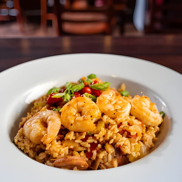 Wyld Pines Bar & Restaurant's shrimp and rice dish, garnished with green onions and red peppers.