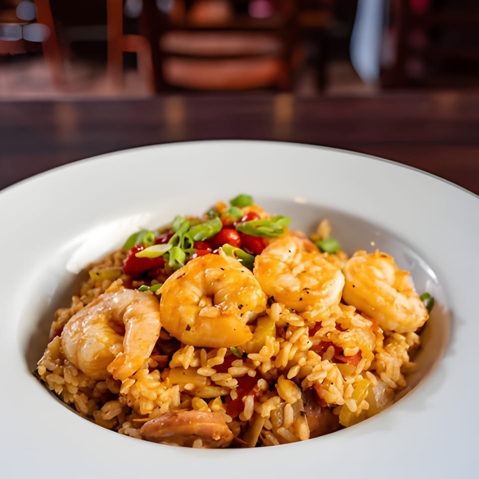 Wyld Pines Bar & Restaurant's shrimp and rice dish, garnished with green onions and red peppers.