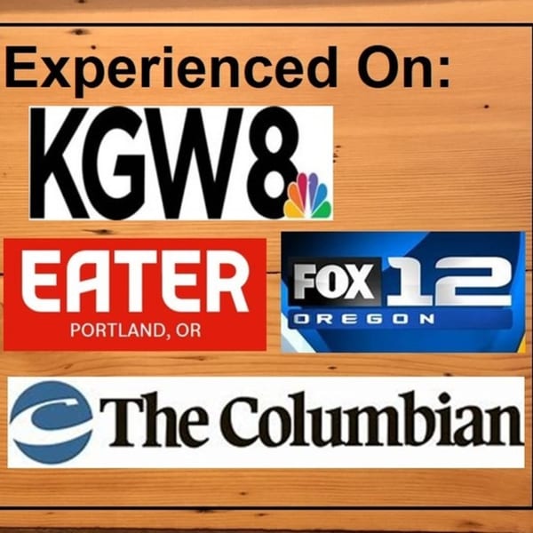 Logos of KGW8, Eater Portland, OR, FOX 12 Oregon, and The Columbian on a wooden background.